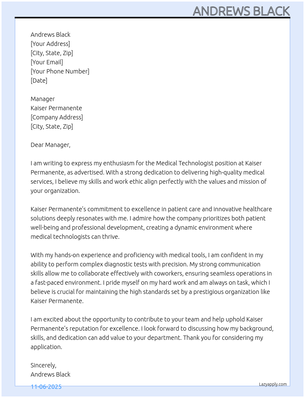 medical technologist At Kaiser Permanente Cover Letter