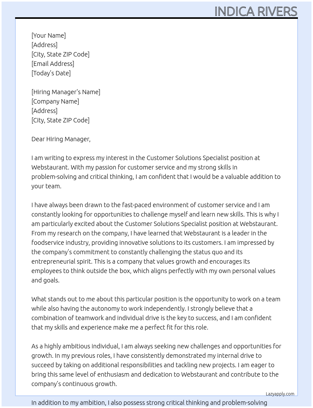 Customer Solutions Specialist At Webstaurant Cover Letter