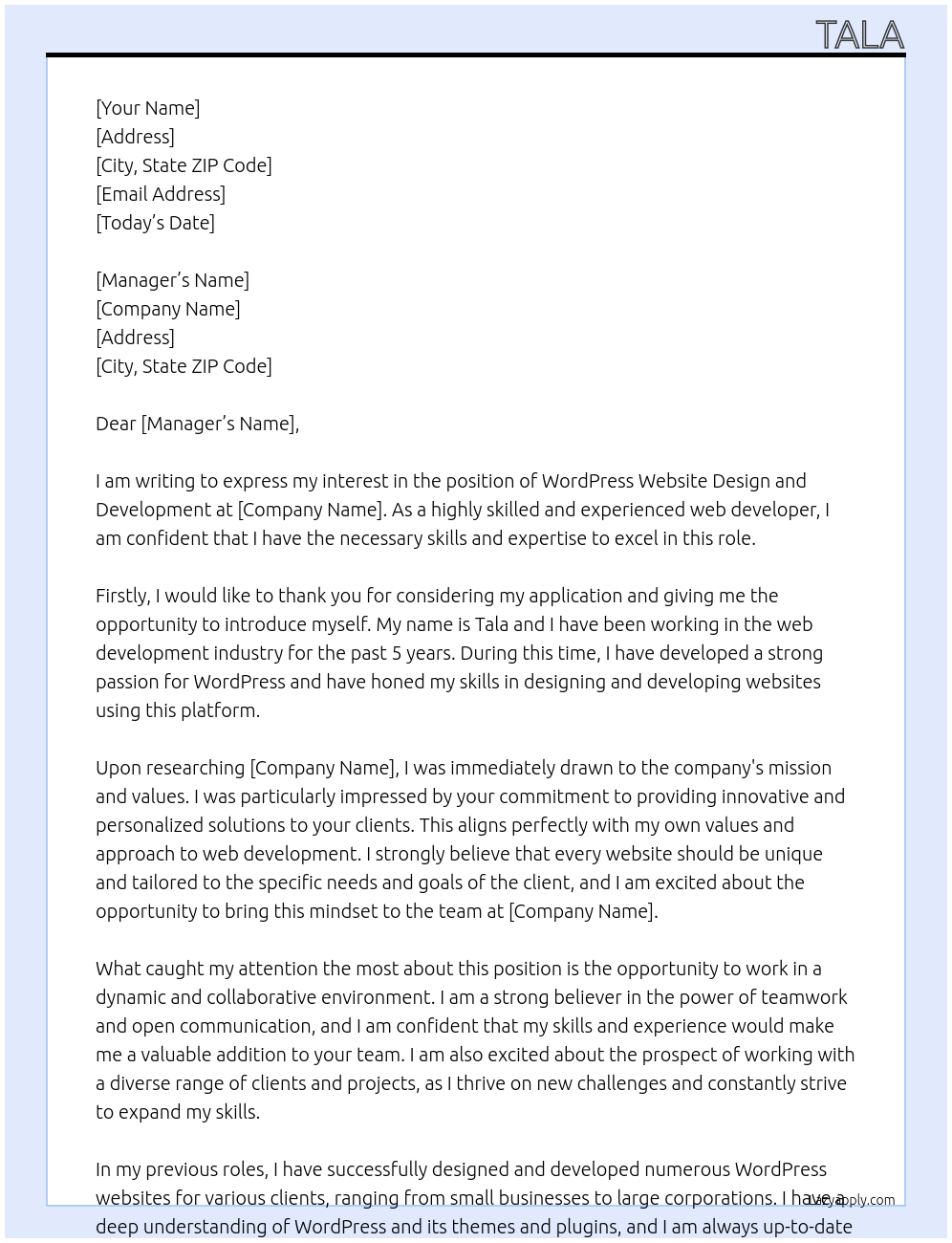 Cover letter for wordpress website deign and deelopment - LazyApply