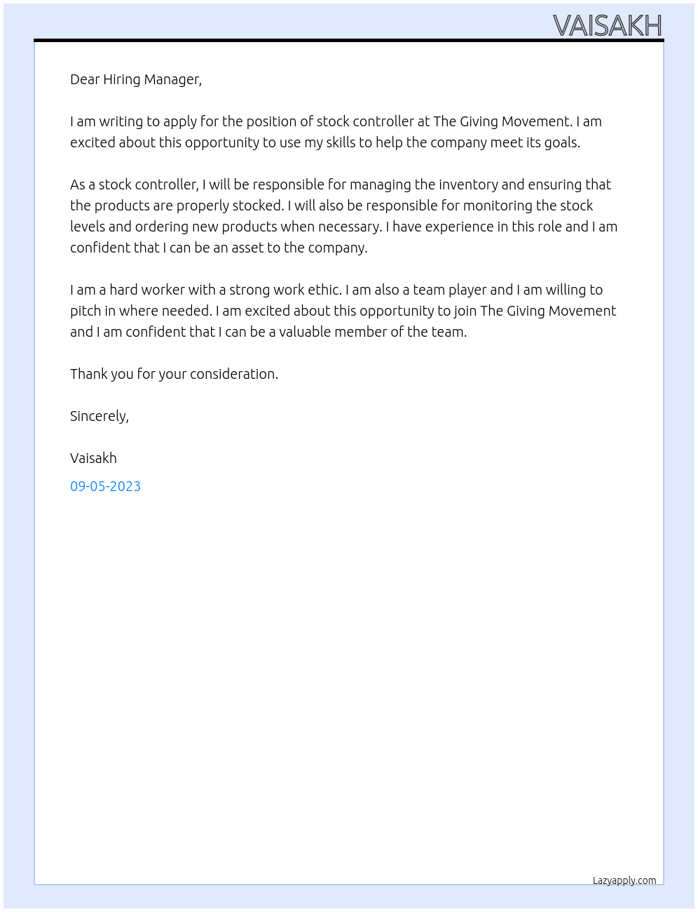 Stock controller At The giving mivement Cover Letter