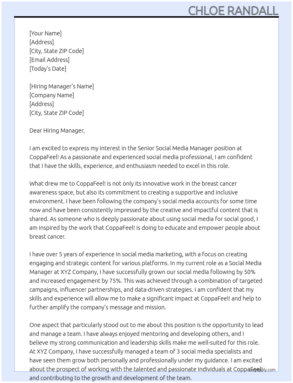 Senior Social Media Manager At CoppaFeel! Cover Letter