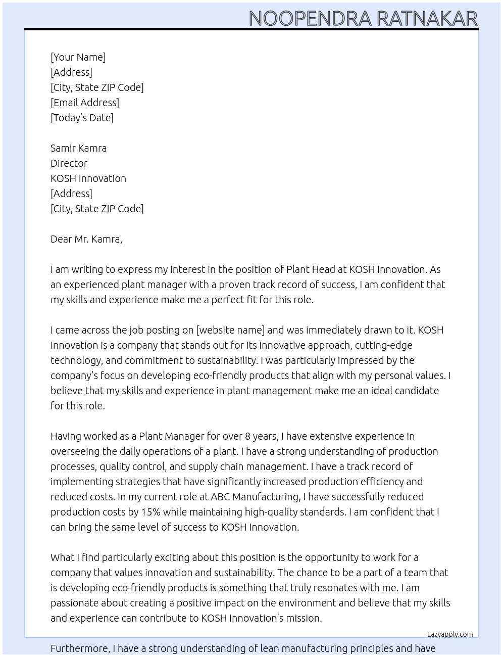 Cover letter for plant head - LazyApply