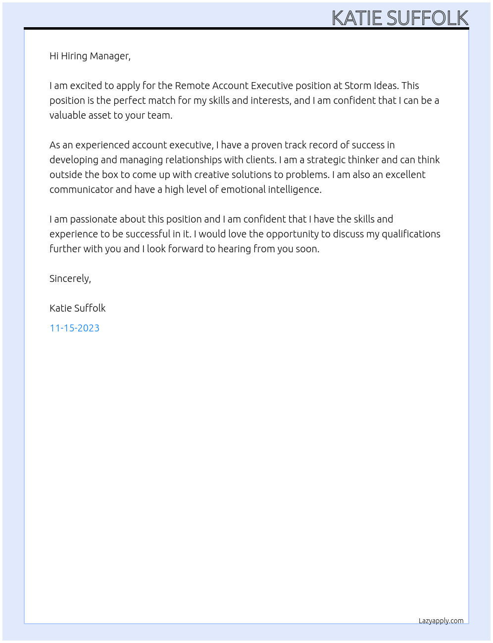 Remote Account Executive At Storm Ideas Cover Letter