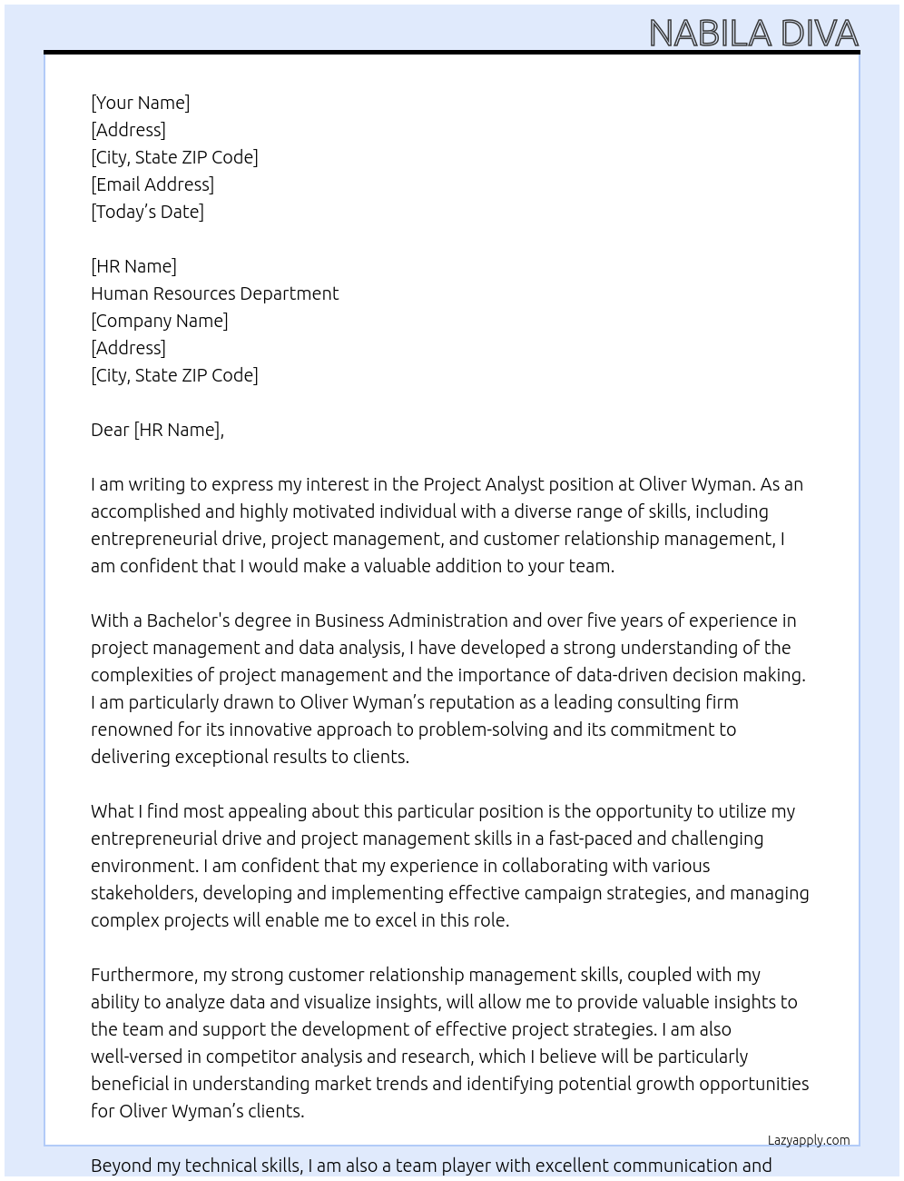 Project Analyst At Oliver Wyman Cover Letter