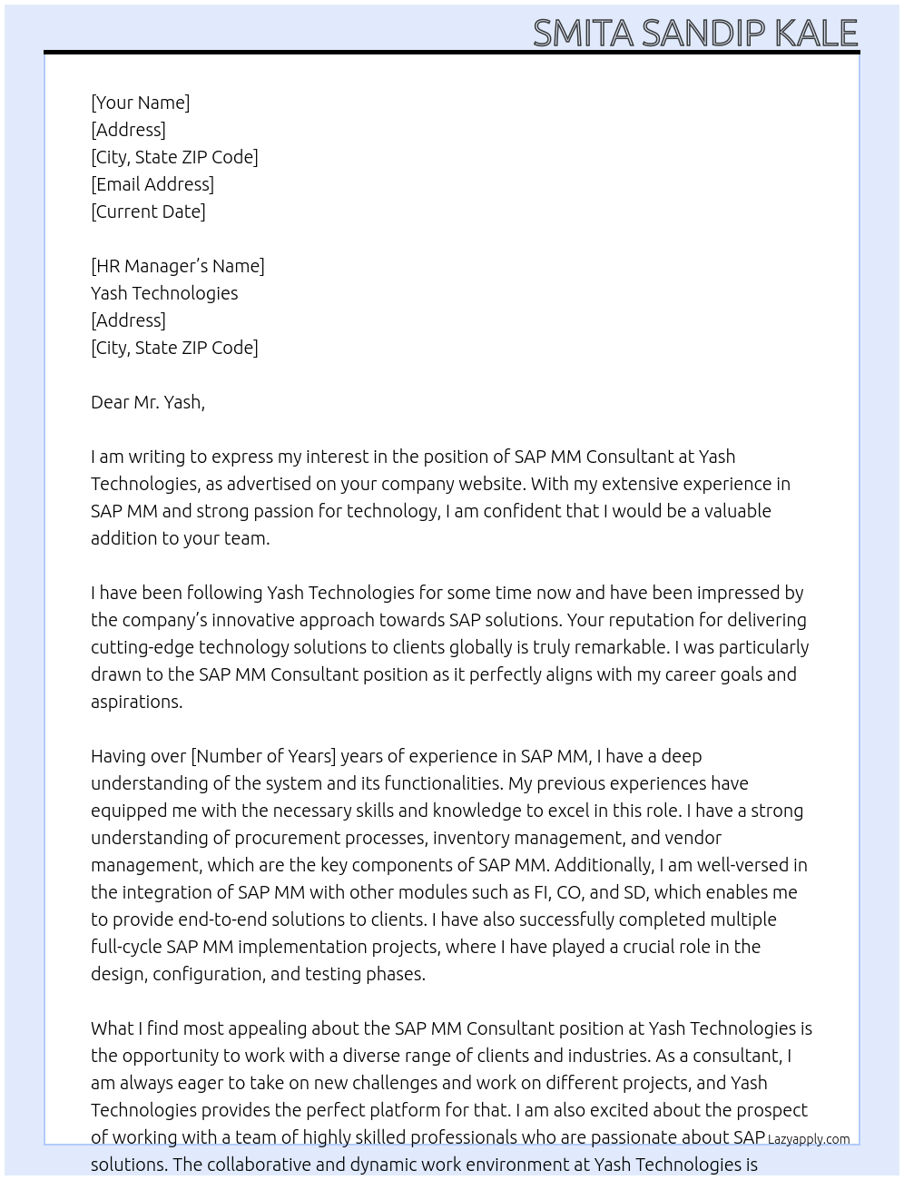 SAP MM Consultant At Yash Technologies Cover Letter