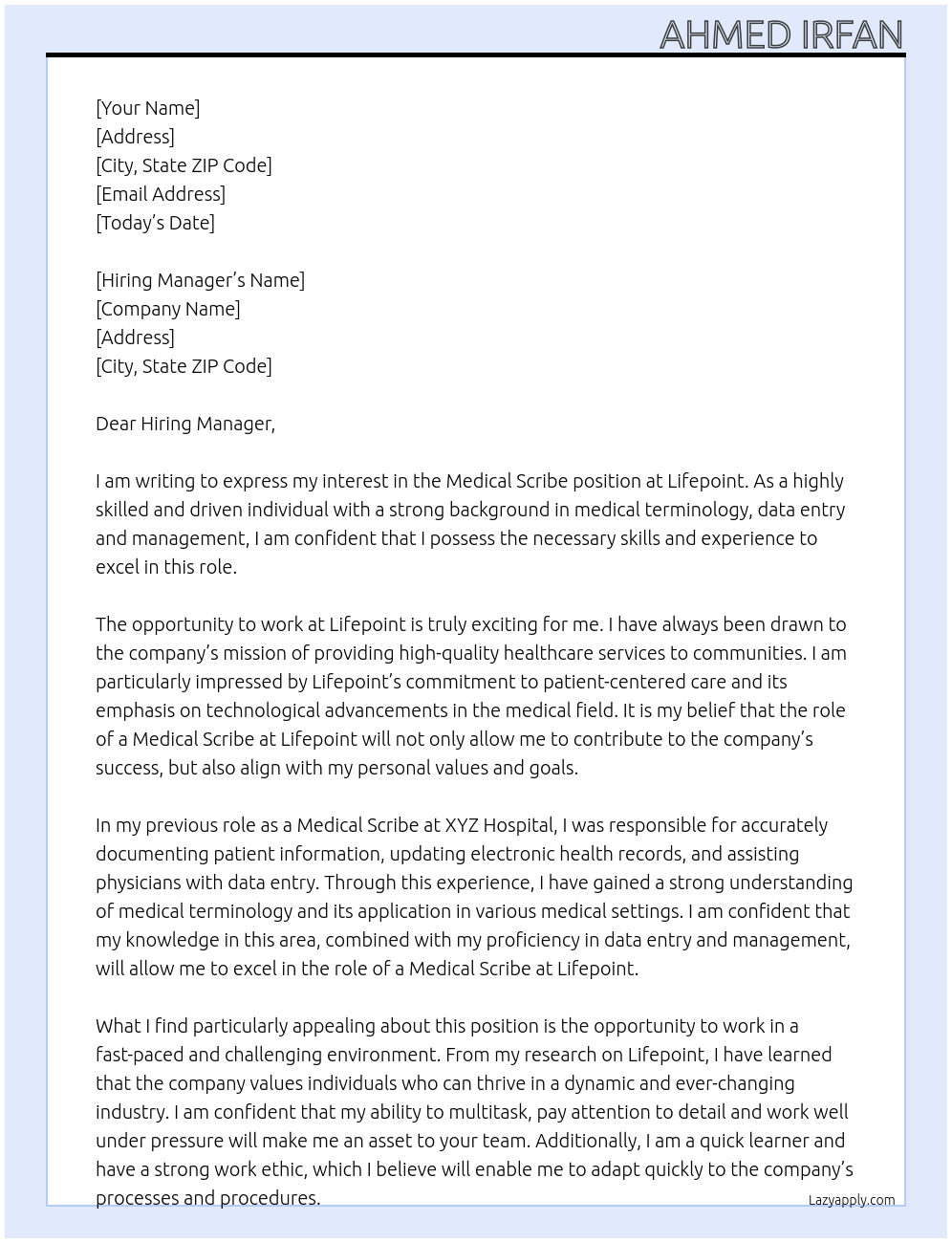 Medical scribe At Lifepoint Cover Letter