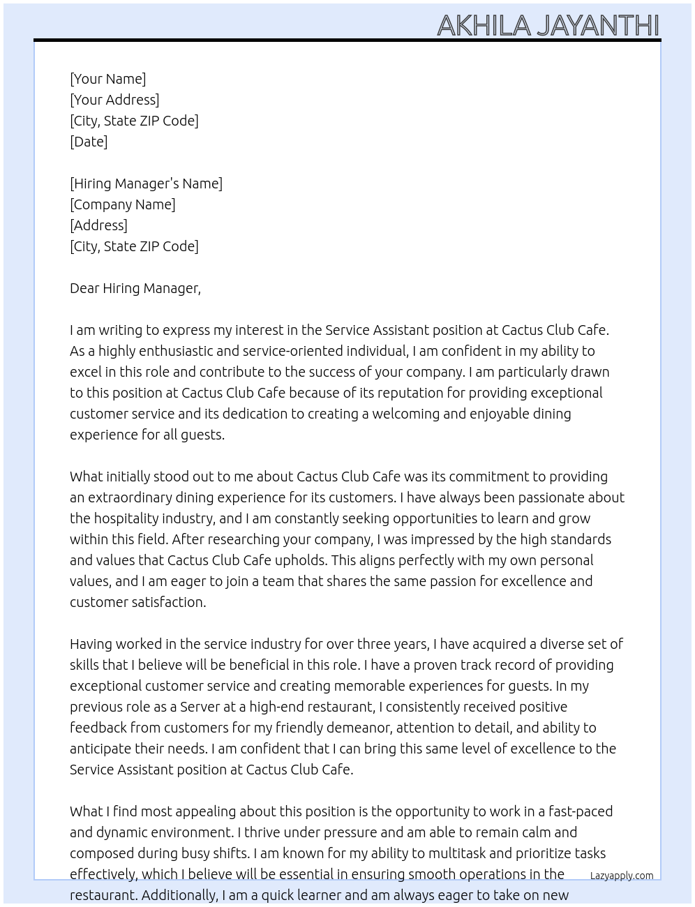 Service Assistant At Cactus Club Cafe Cover Letter