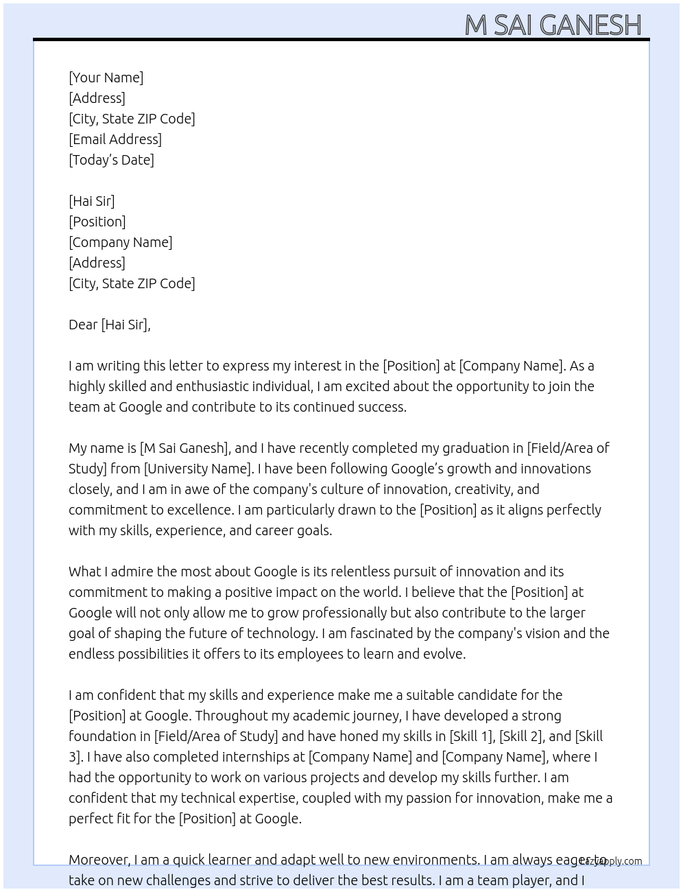 Google  At Google  Cover Letter