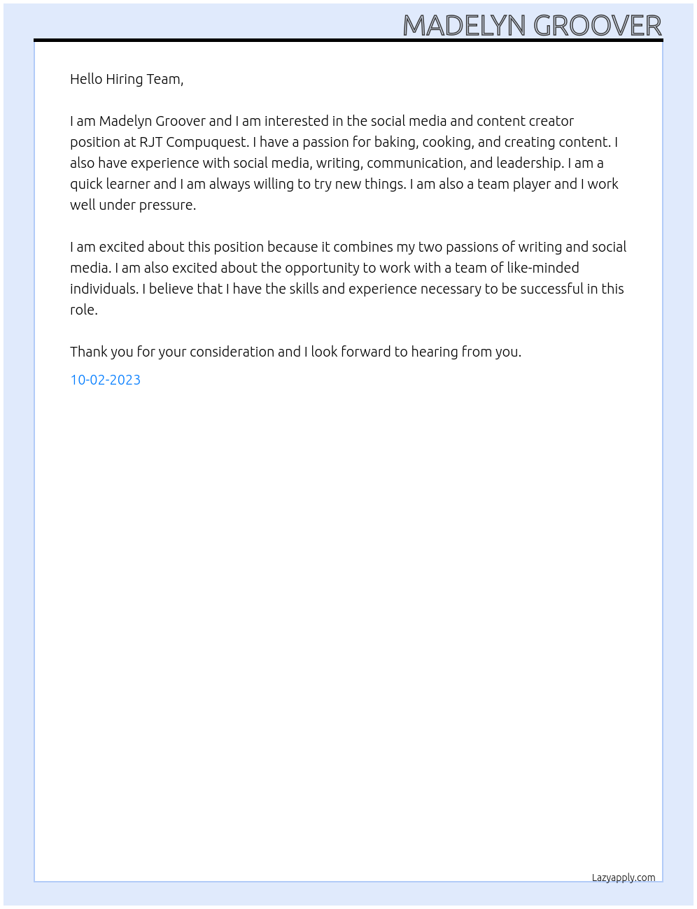 Social media and content creator At RJT Compuquest Cover Letter