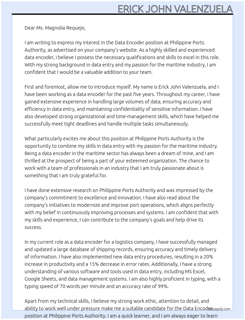 data encoder At philippine ports authority Cover Letter