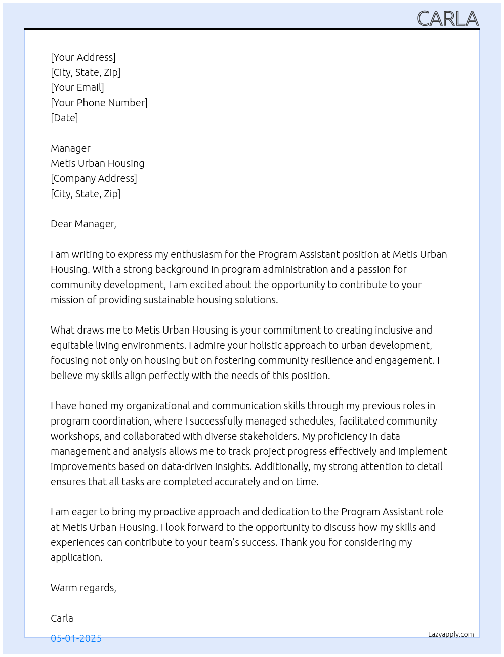 Program Assistant  At Metis Urban Housing  Cover Letter