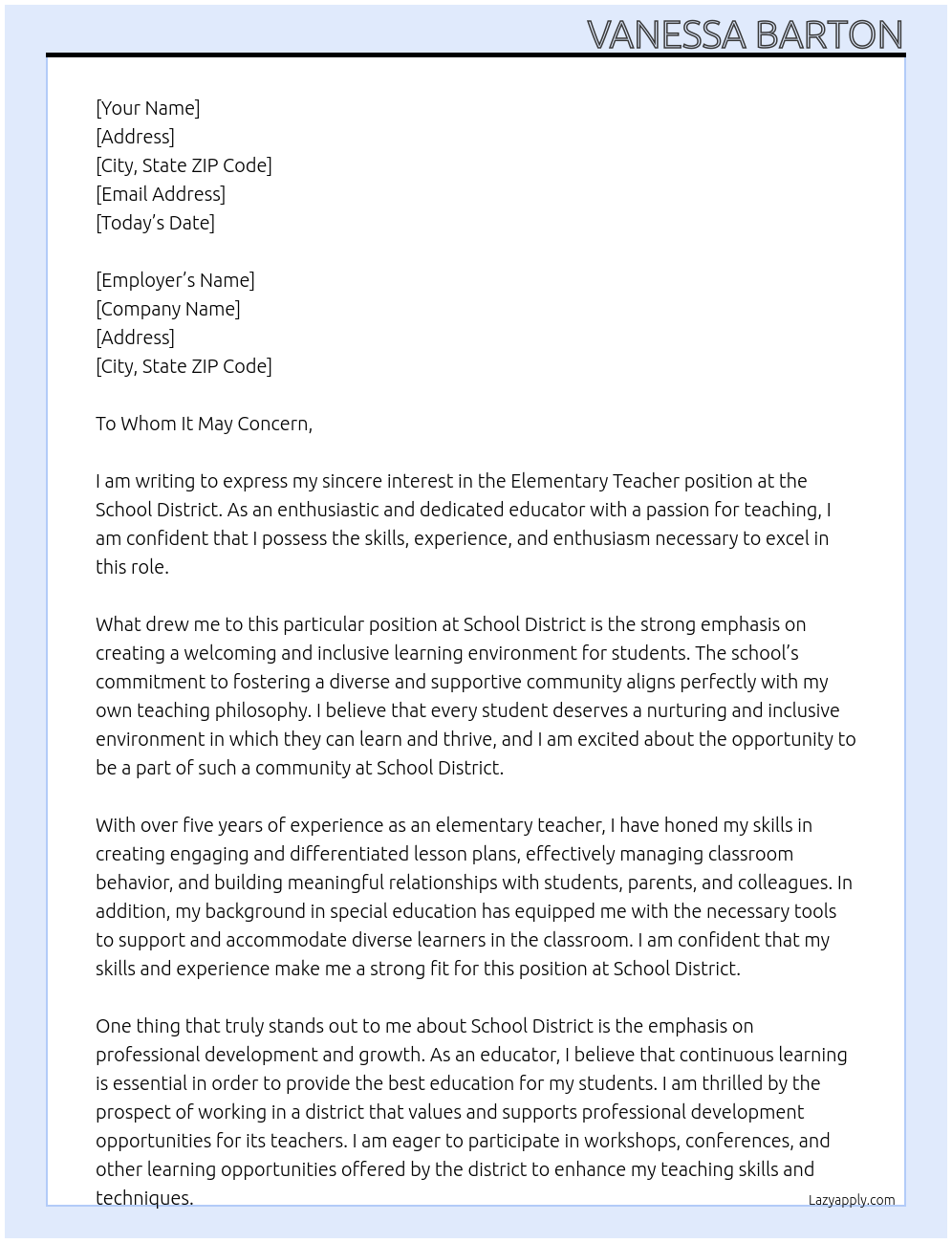 Elementary Teacher At School District Cover Letter