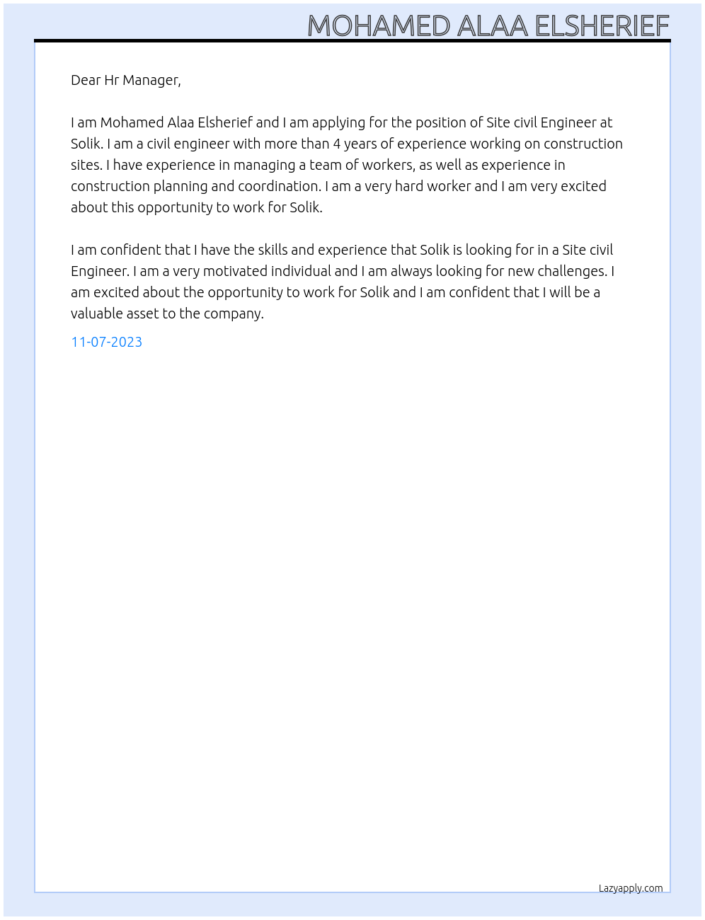 Site civil Engineer At Solik Cover Letter