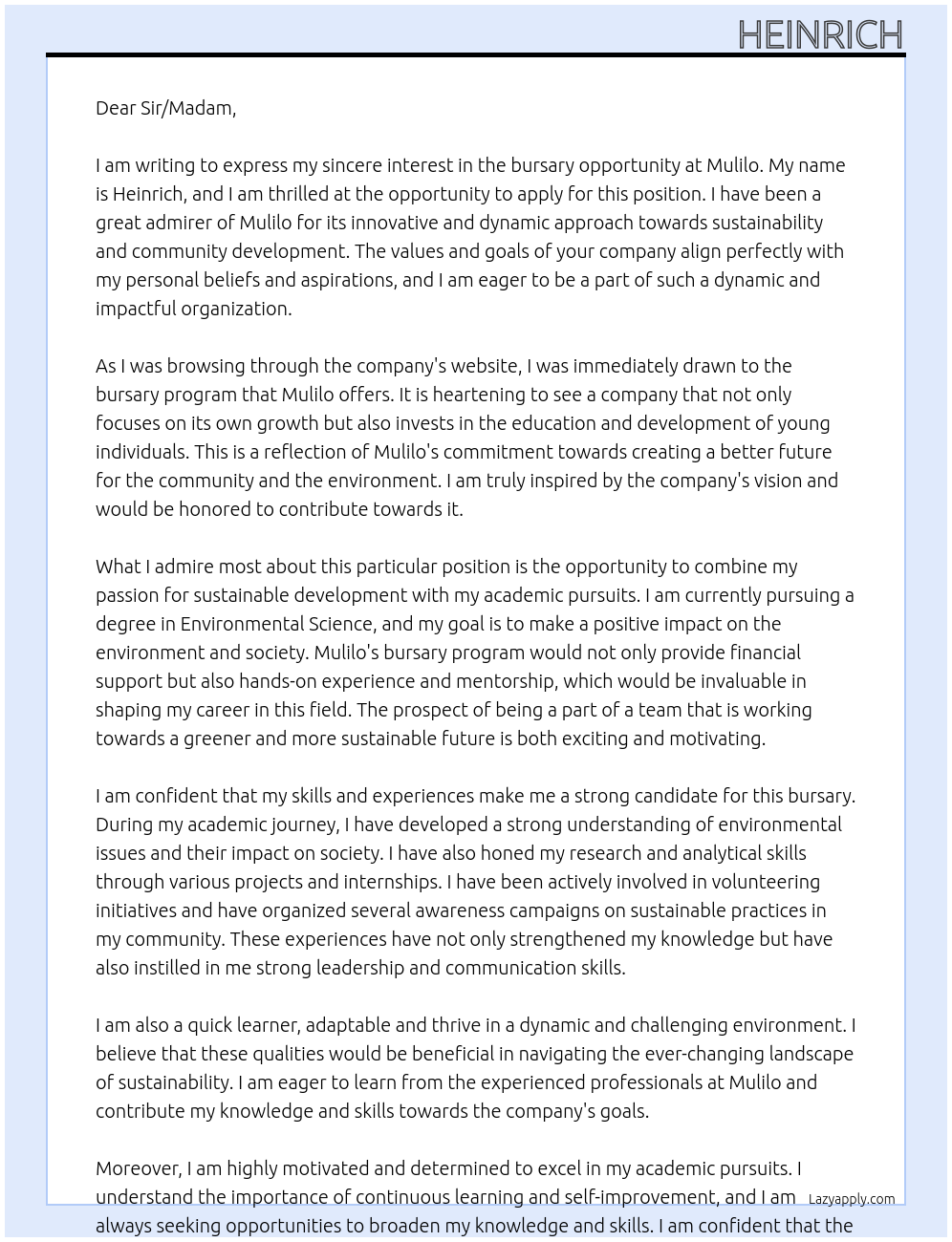 bursary application At Mulilo Cover Letter