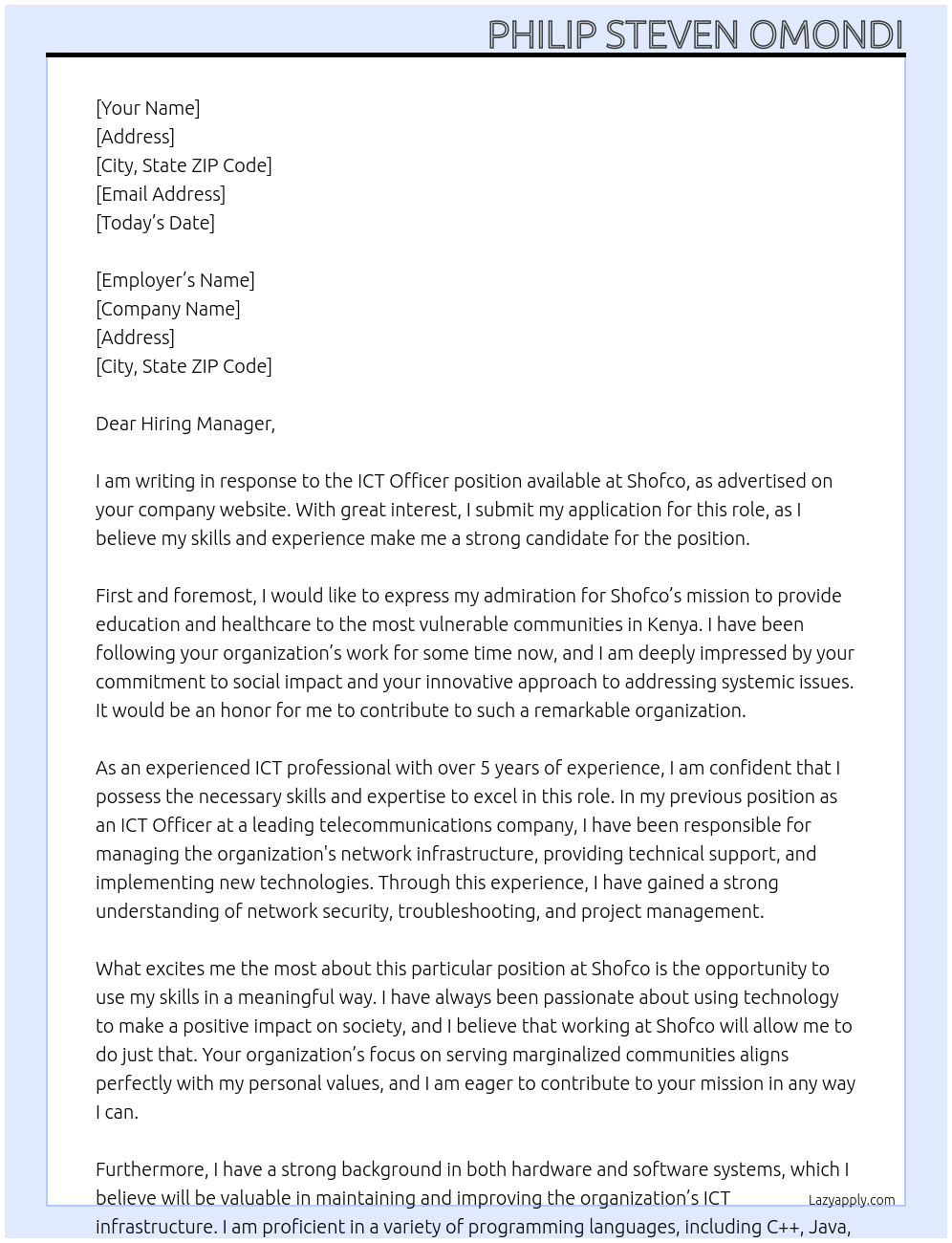 ICT Officer At shofco Cover Letter