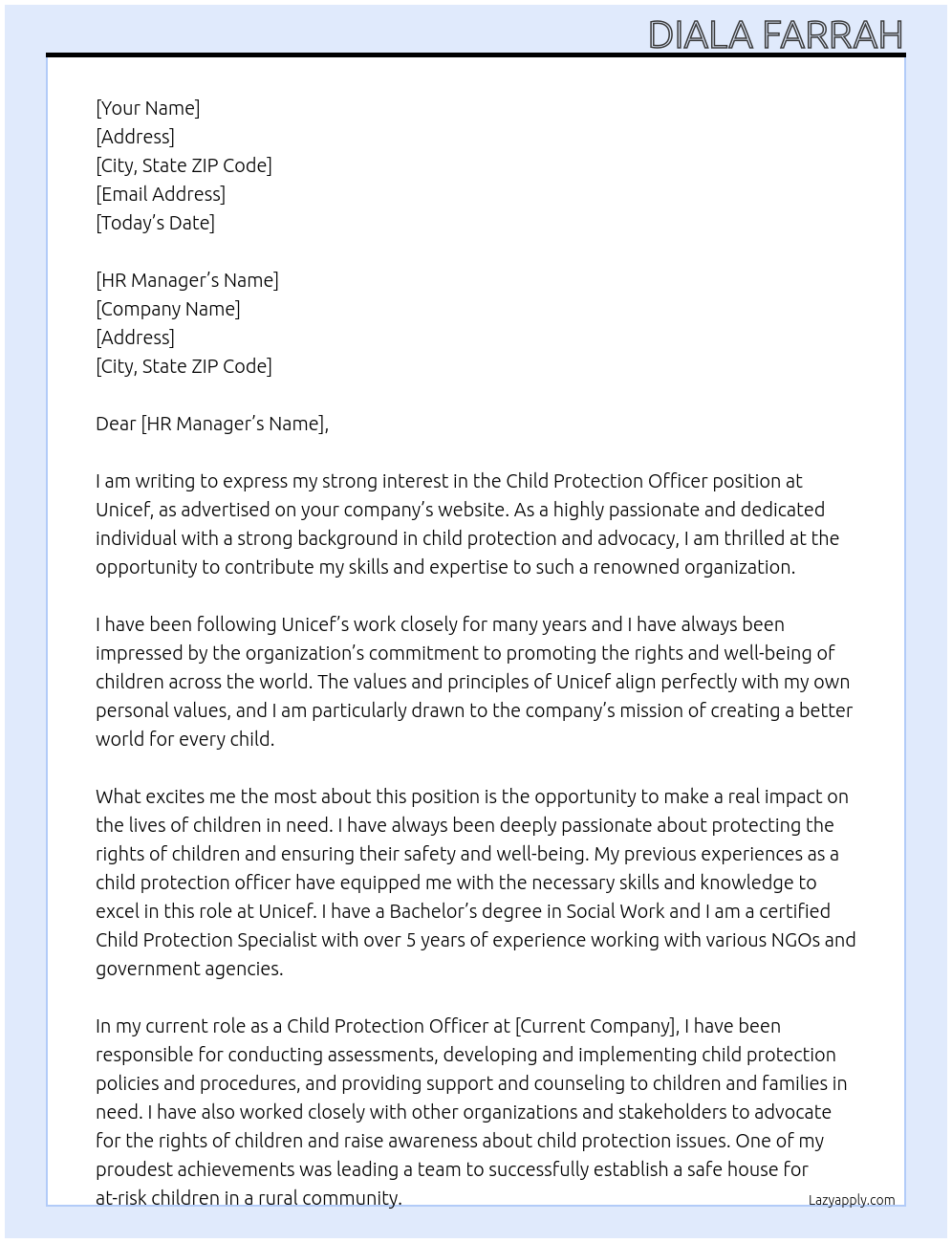 Child protection officer At Unicef Cover Letter