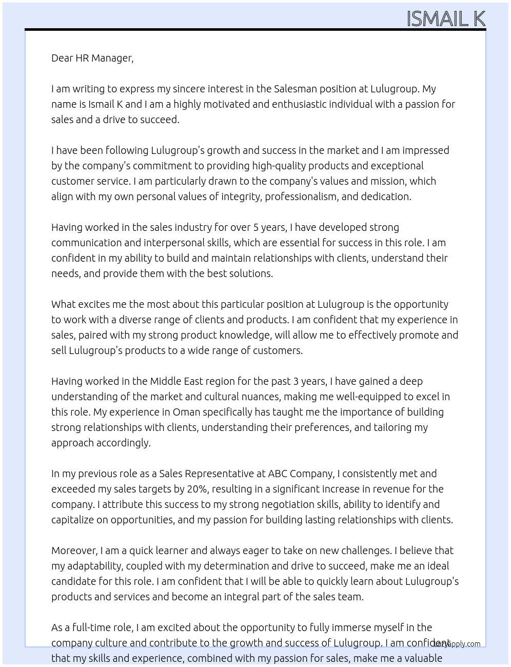 Salesman At Lulugroup Cover Letter