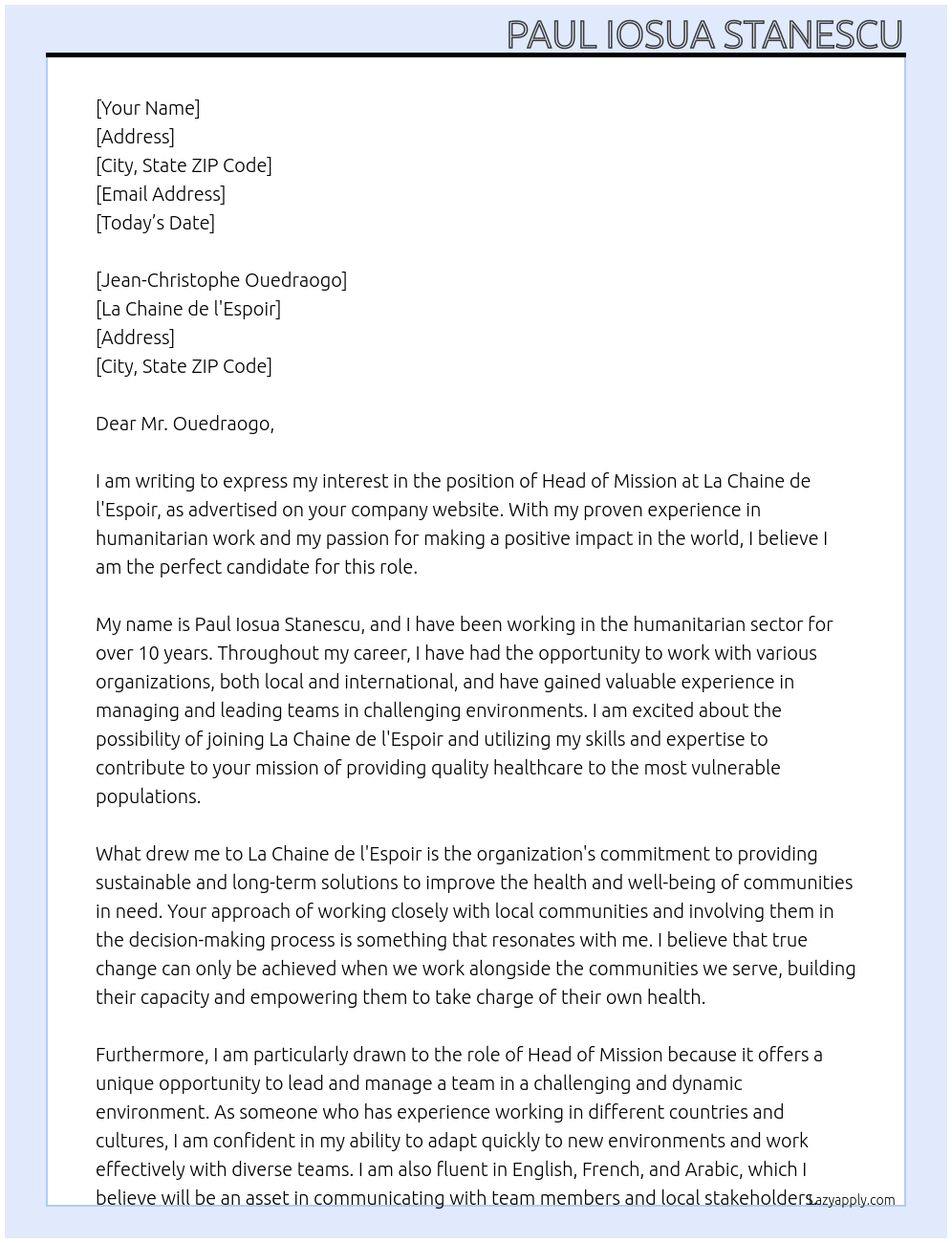 Head of Mission At La Chaine de l'Espoir Cover Letter