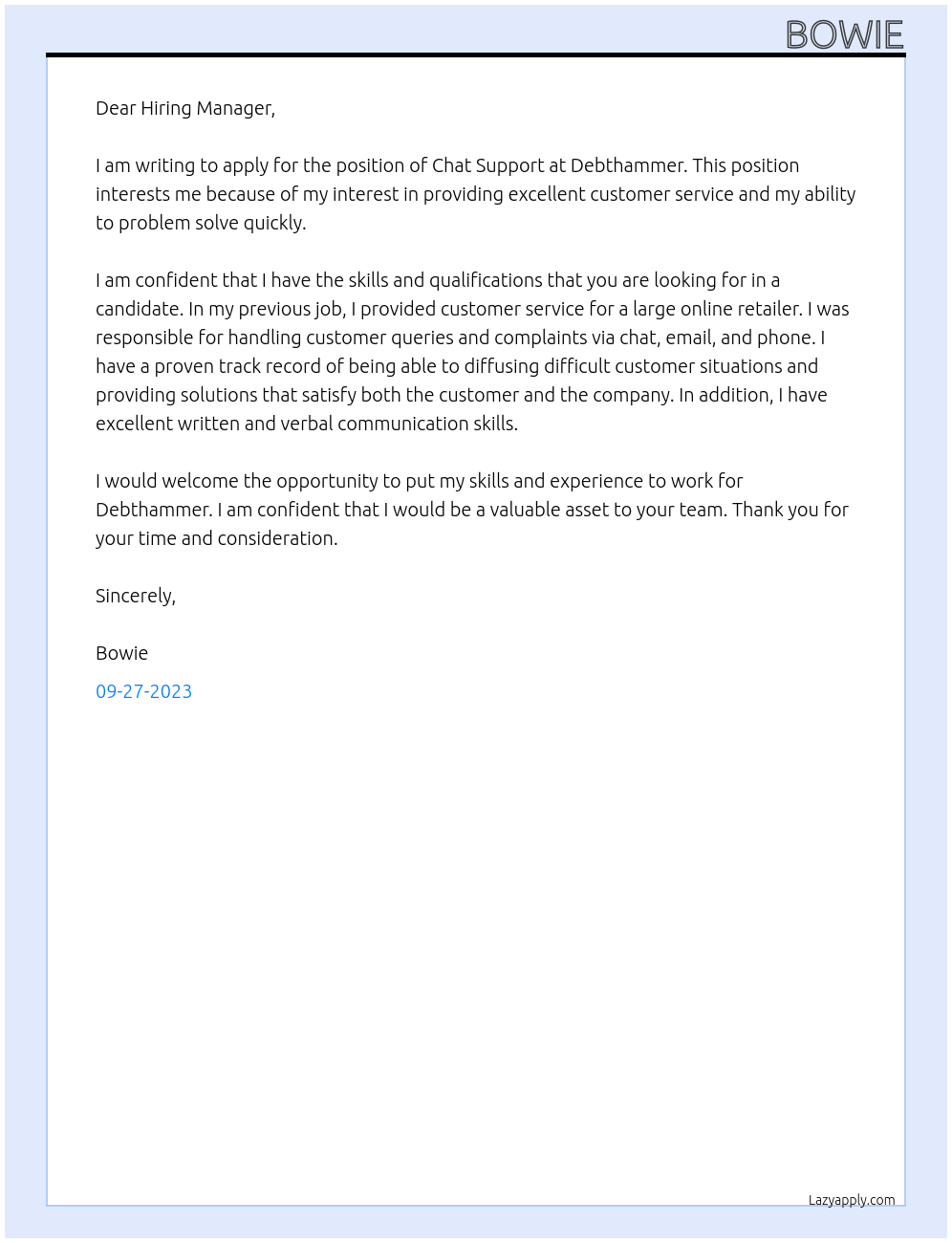 Chat Support At Debthammer Cover Letter