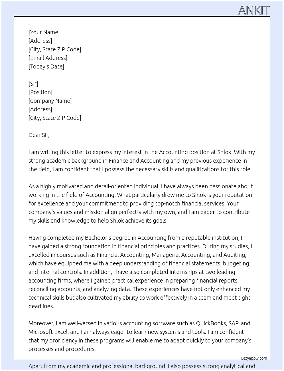 Accounting At Shlok Cover Letter