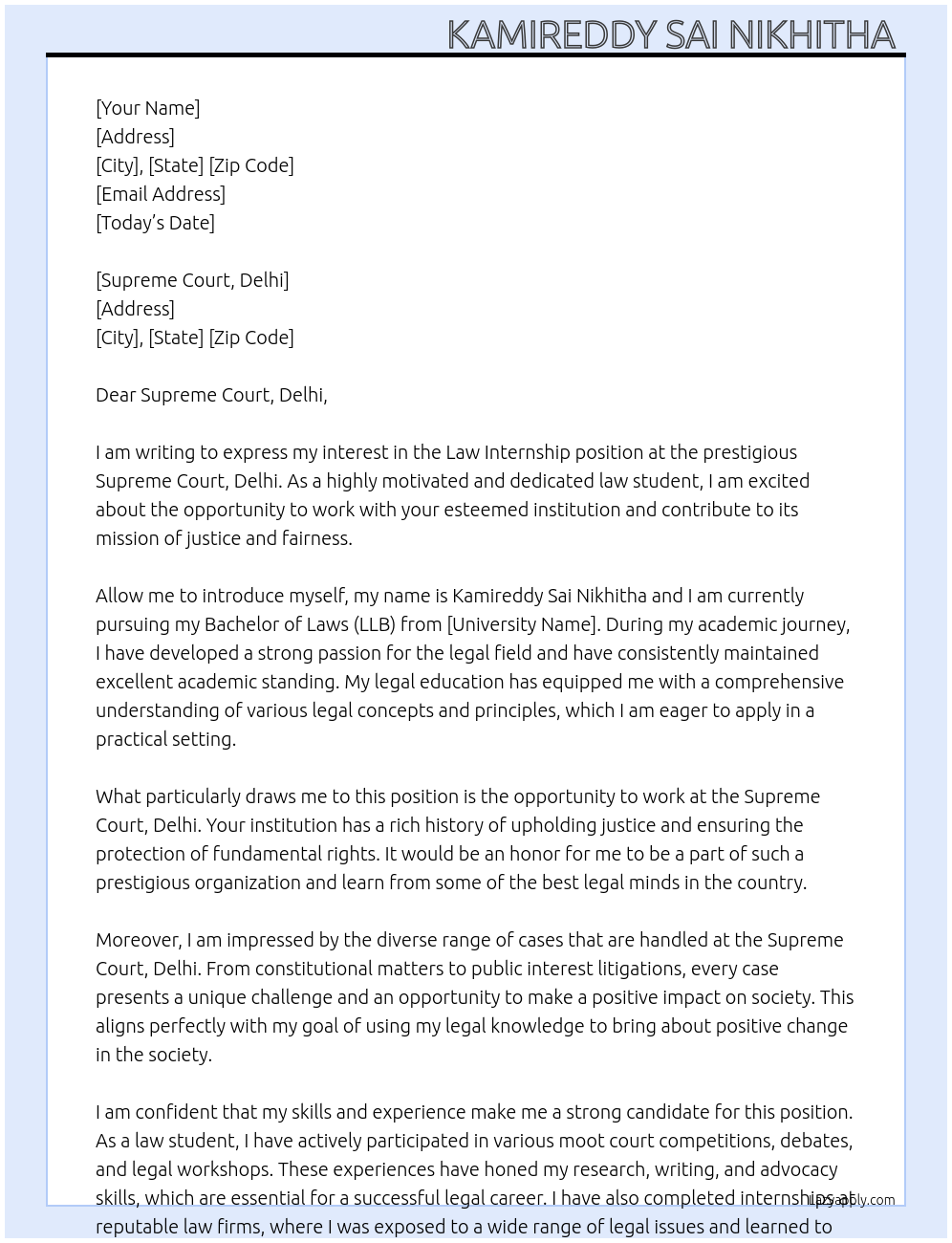 Law internship At SupremeCourt ,Delhi Cover Letter