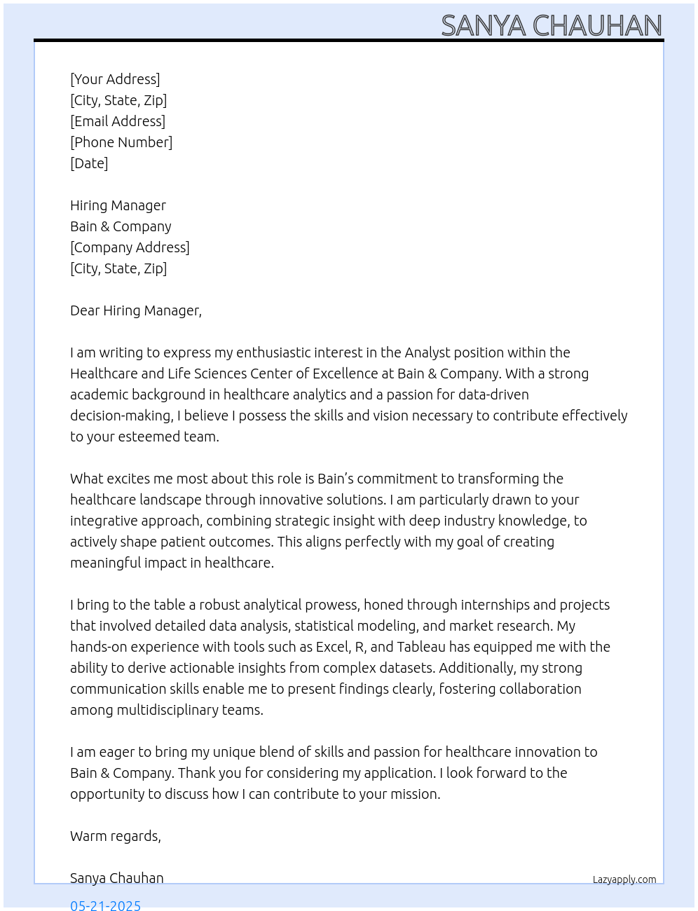 Analyst - Healthcare and Lifescience COE At Bain & Company Cover Letter