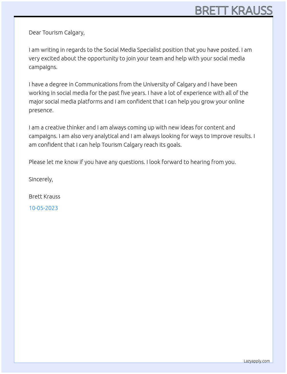 Social Media Specialist At Tourism Calgary Cover Letter