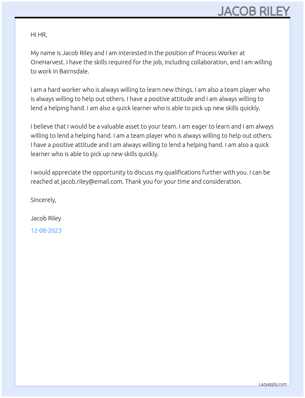 Process Worker At OneHarvest Cover Letter