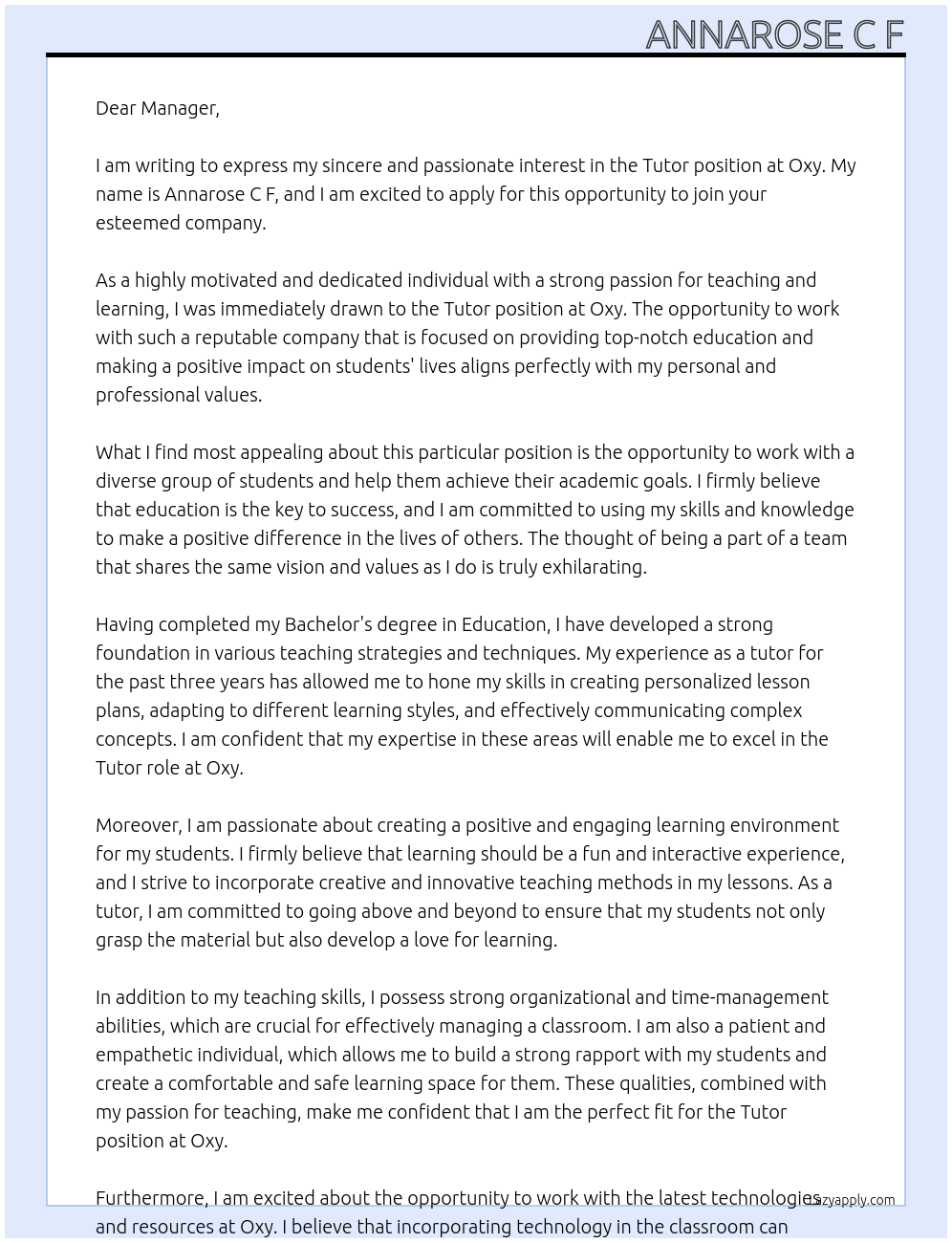 Tutor  At Oxy Cover Letter