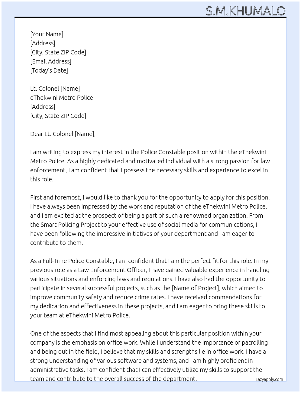 Police constable At eThekwini Metro Police Cover Letter