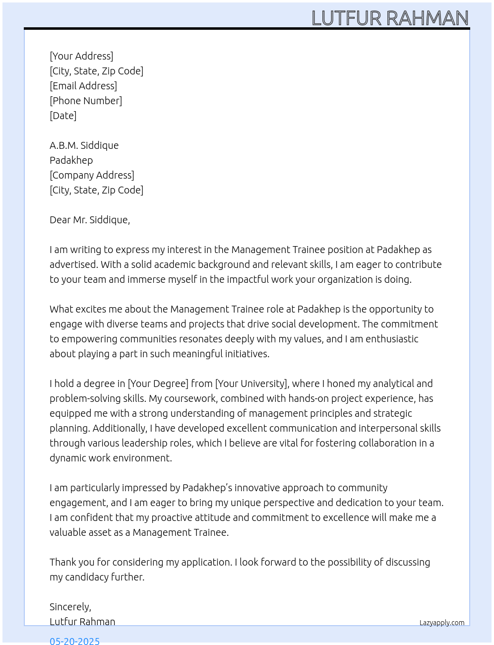 Management Trainee At Padakhep Cover Letter