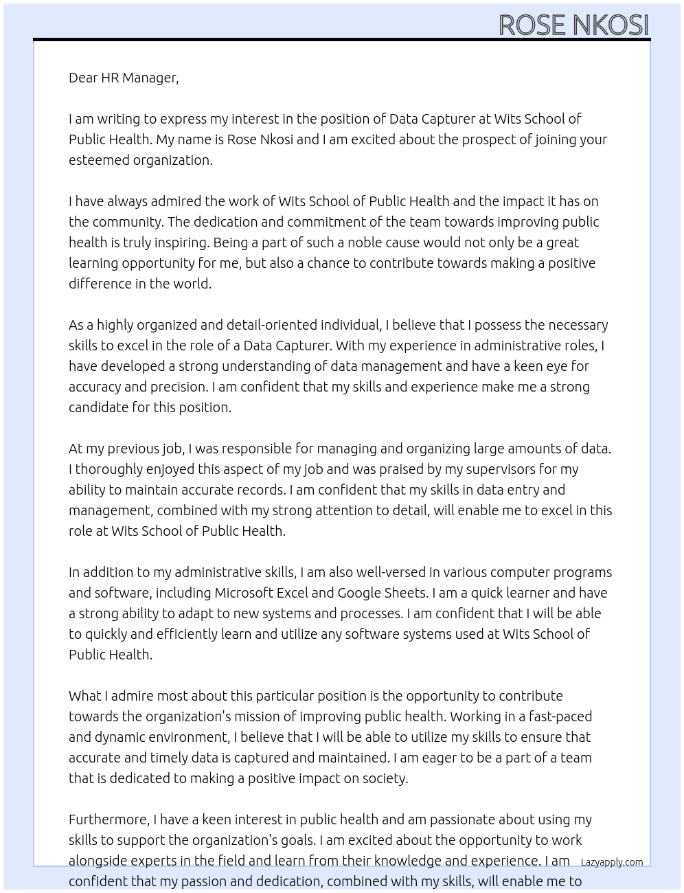Data Capturer At Wits School of Public Health Cover Letter