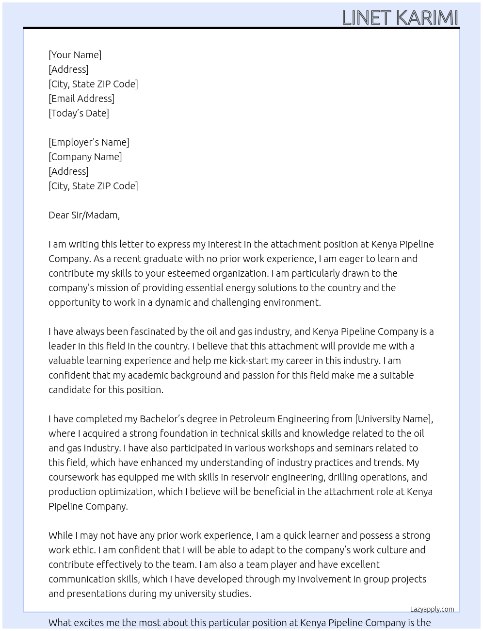 attachment At kenya pipeline company Cover Letter