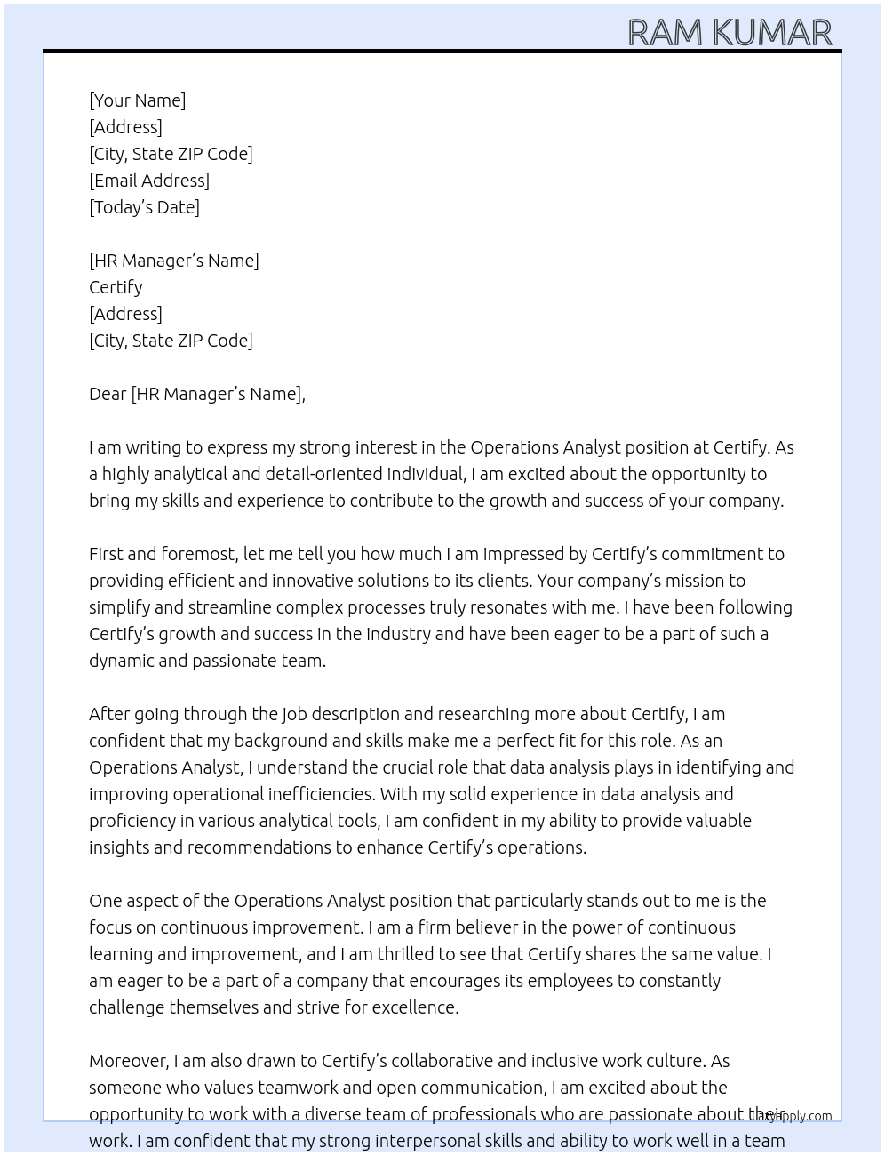 Operations Analyst At Certify Cover Letter