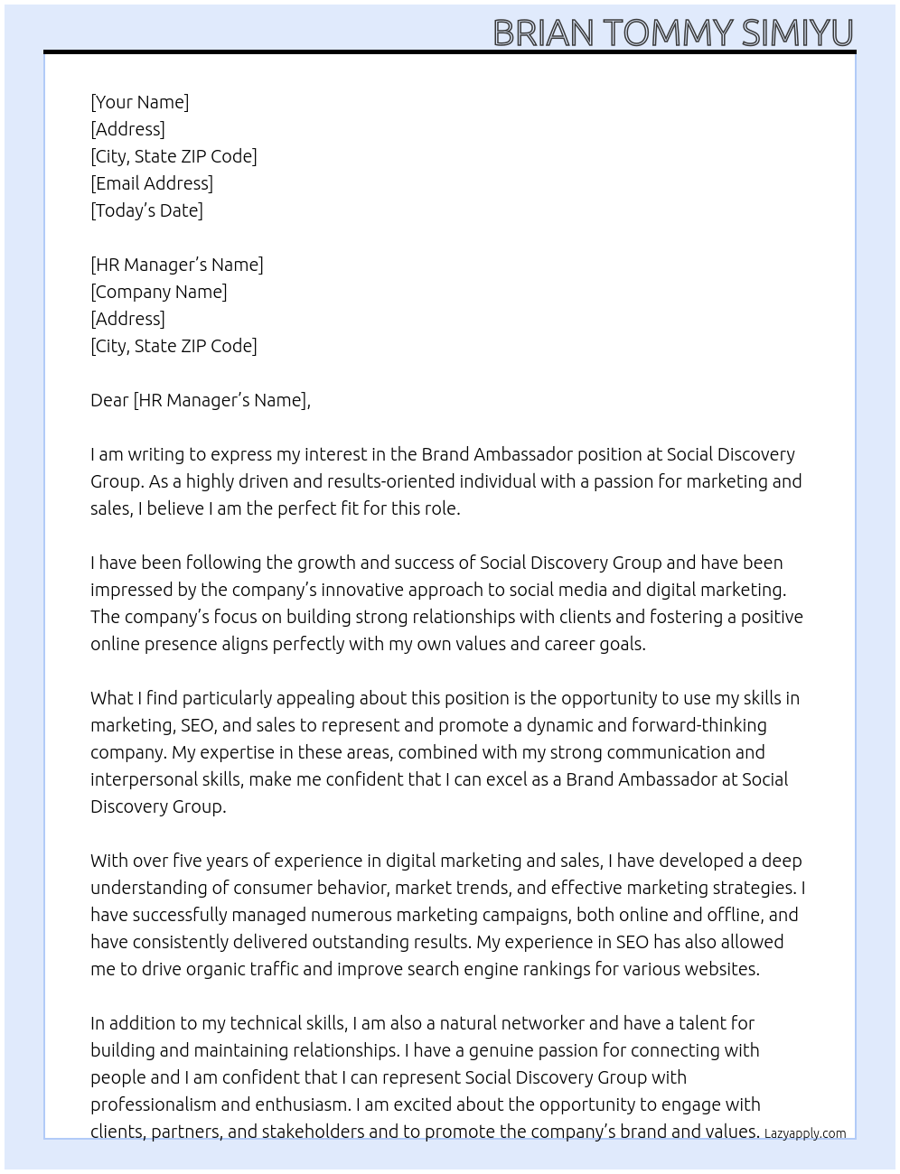 Brand Ambassador At Social Discovery Group Cover Letter