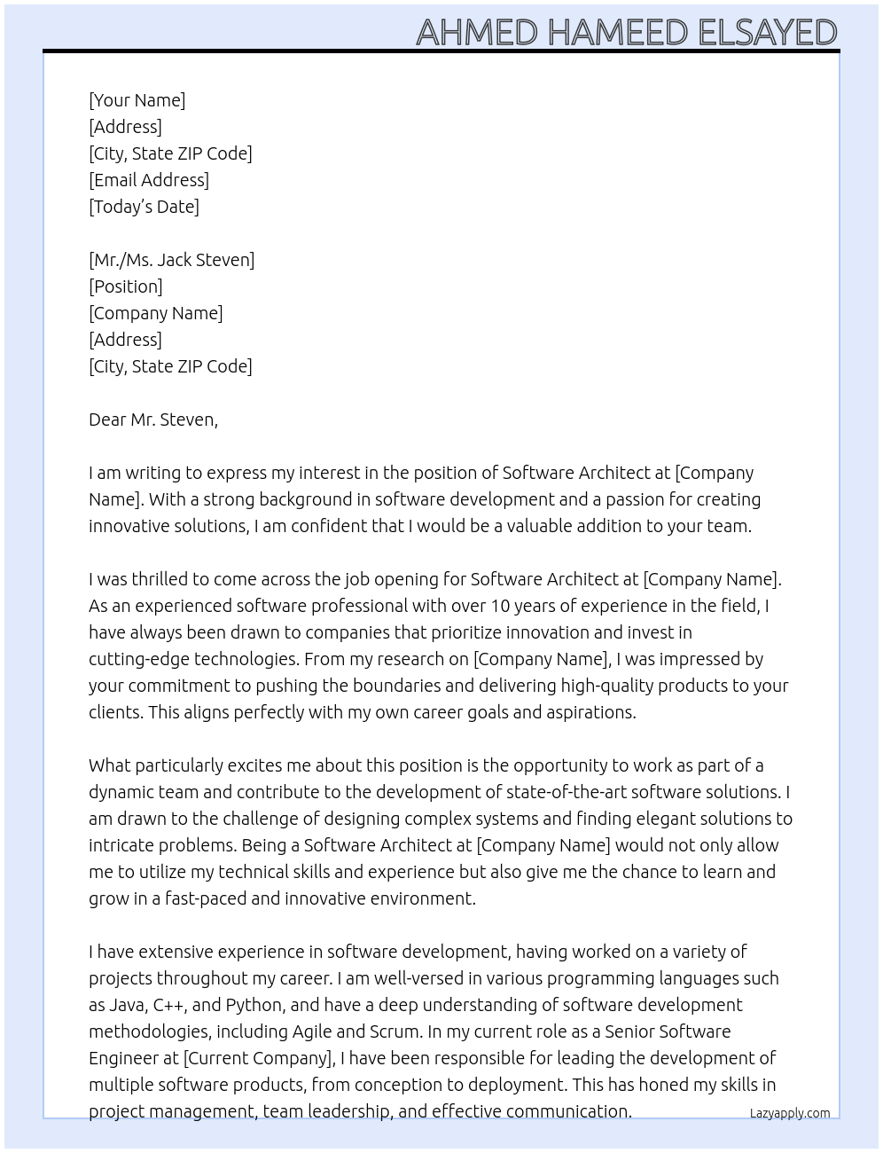 Software Architect At discovered Cover Letter