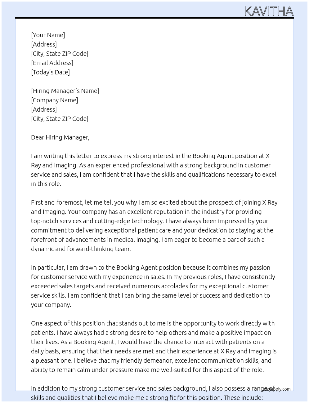 booking agent At x ray and imaging Cover Letter