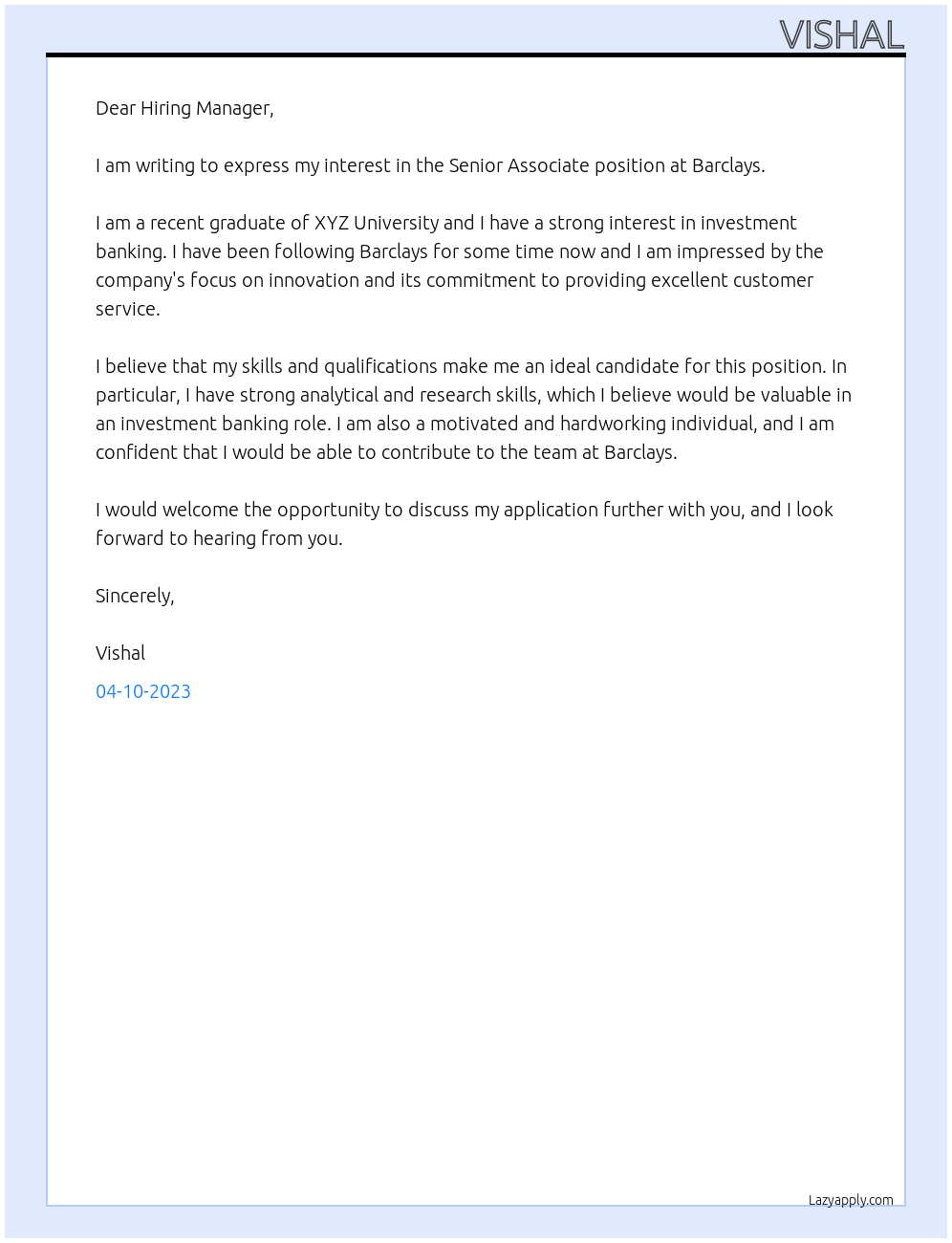 Senior Associate At Barclays Cover Letter