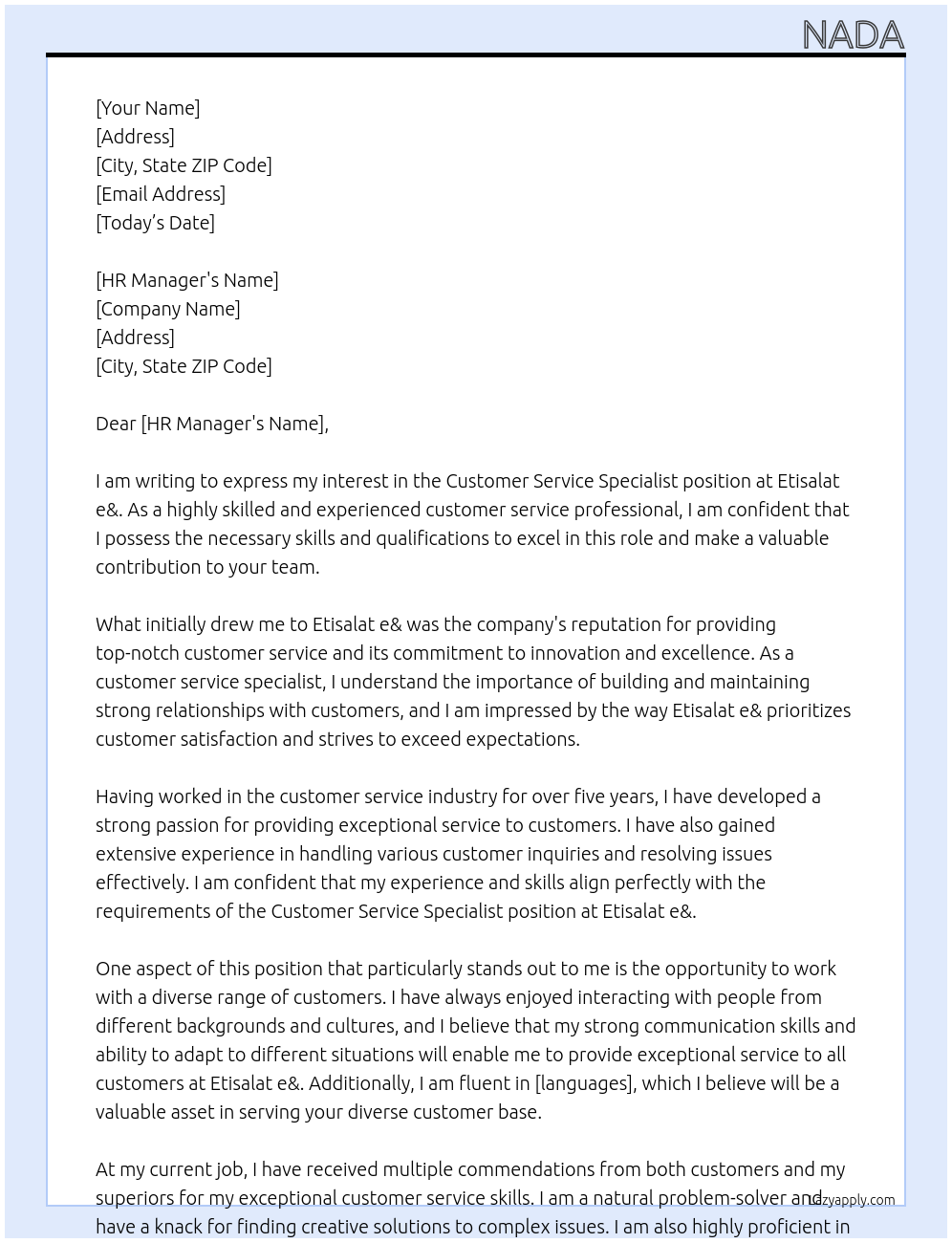Customer service specialist At Etisalat e& Cover Letter