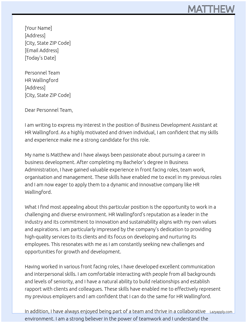 Business Development Assistant At HR Wallingford Cover Letter