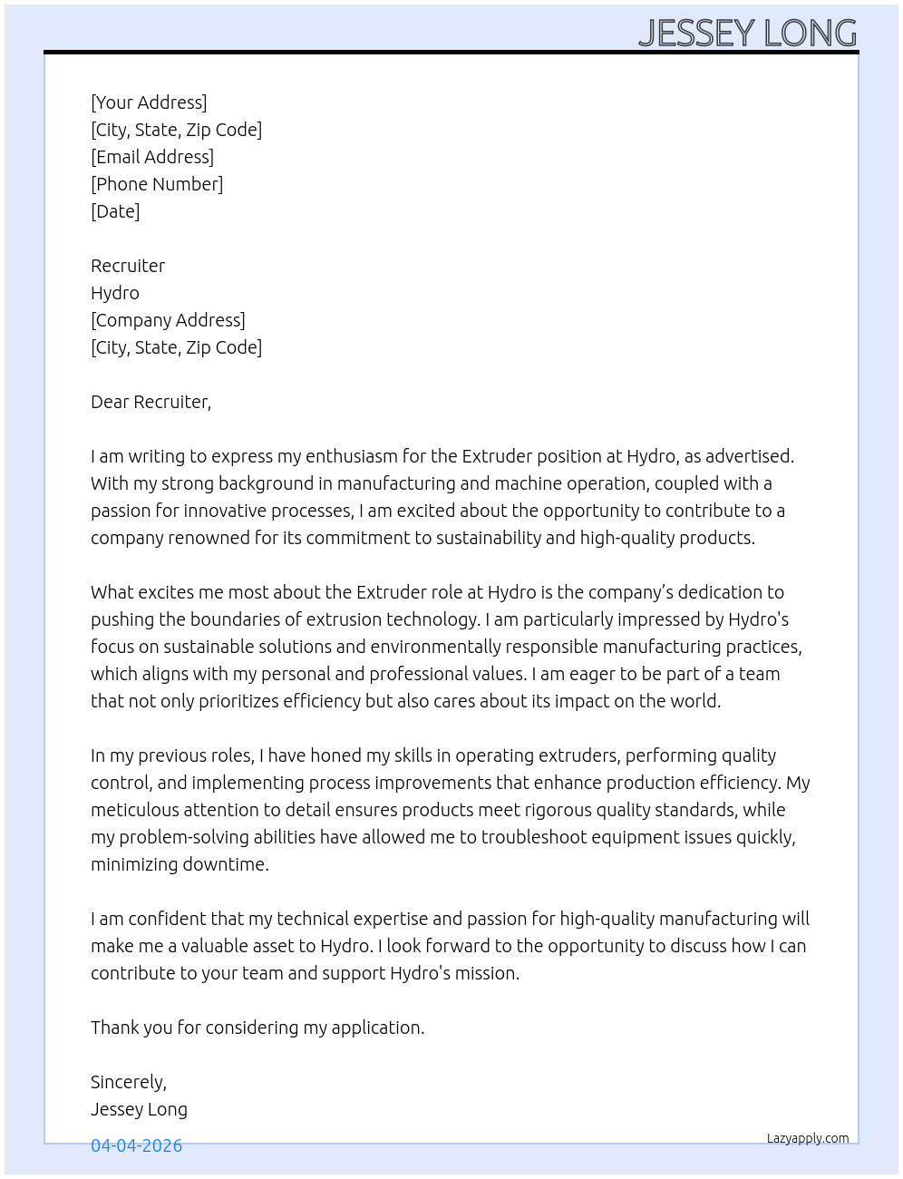 Cover letter for extruder - LazyApply