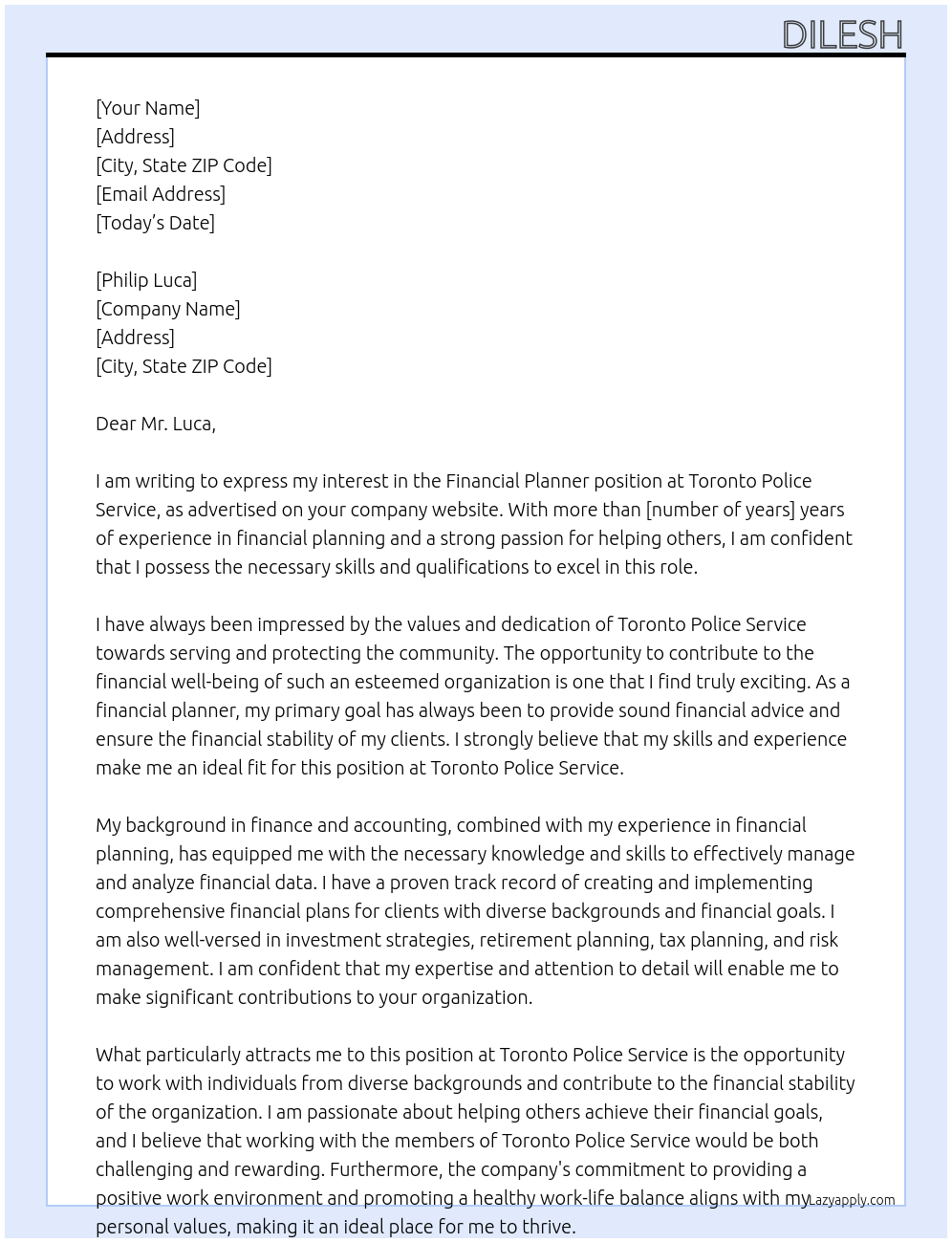 Financial Planner At Toronto Police Service Cover Letter