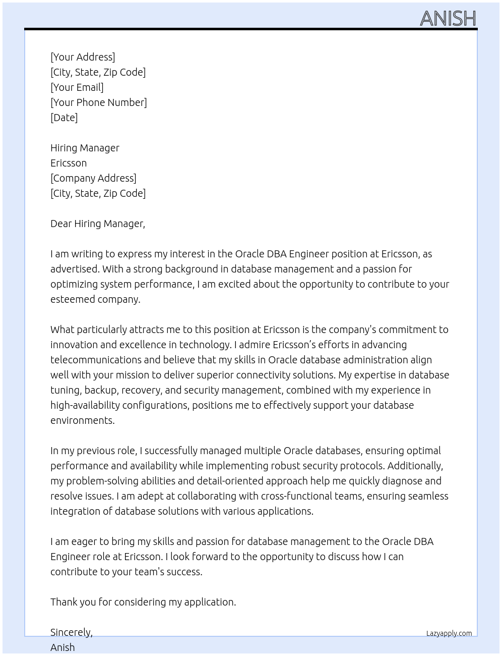 Cover letter for oracle dba engineer - LazyApply