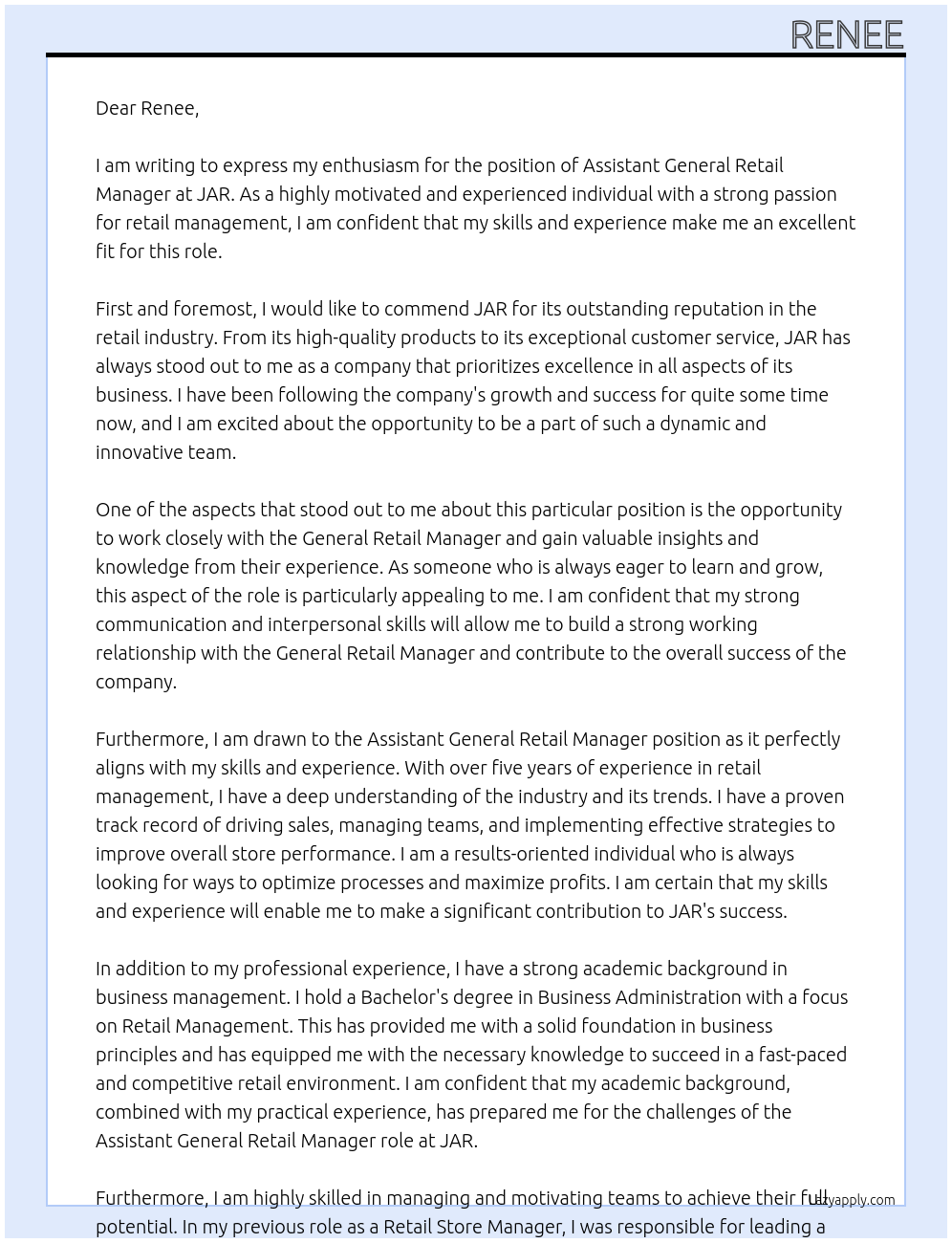 assistant general retail manager At jar Cover Letter