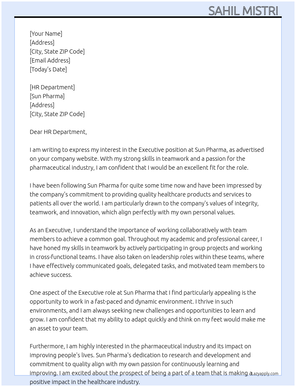 Executive At Sun Pharma Cover Letter