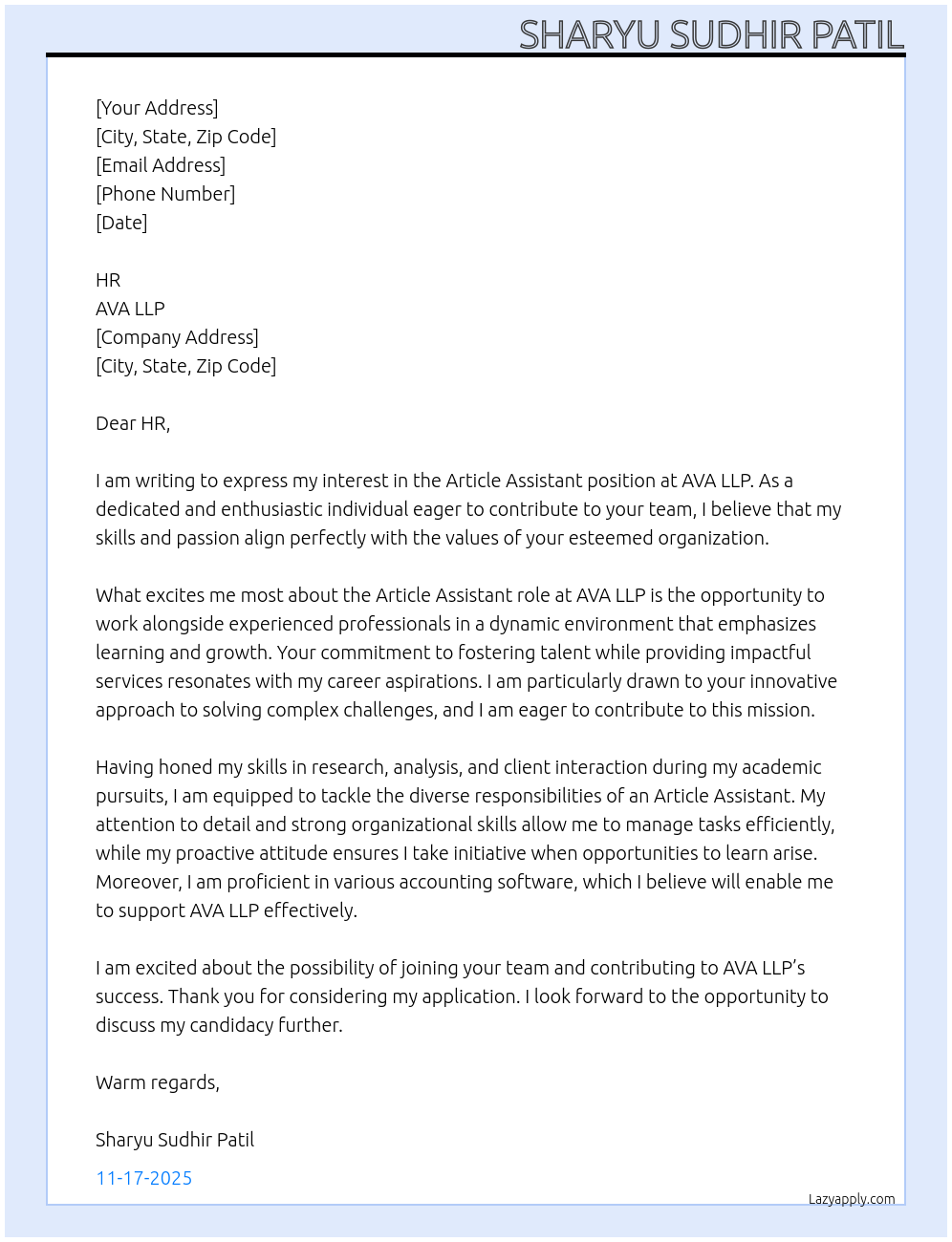 Cover letter for article assistant - LazyApply
