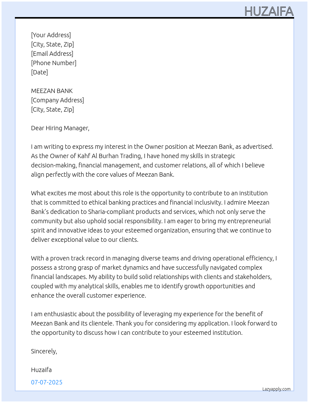 Cover letter for owner - LazyApply