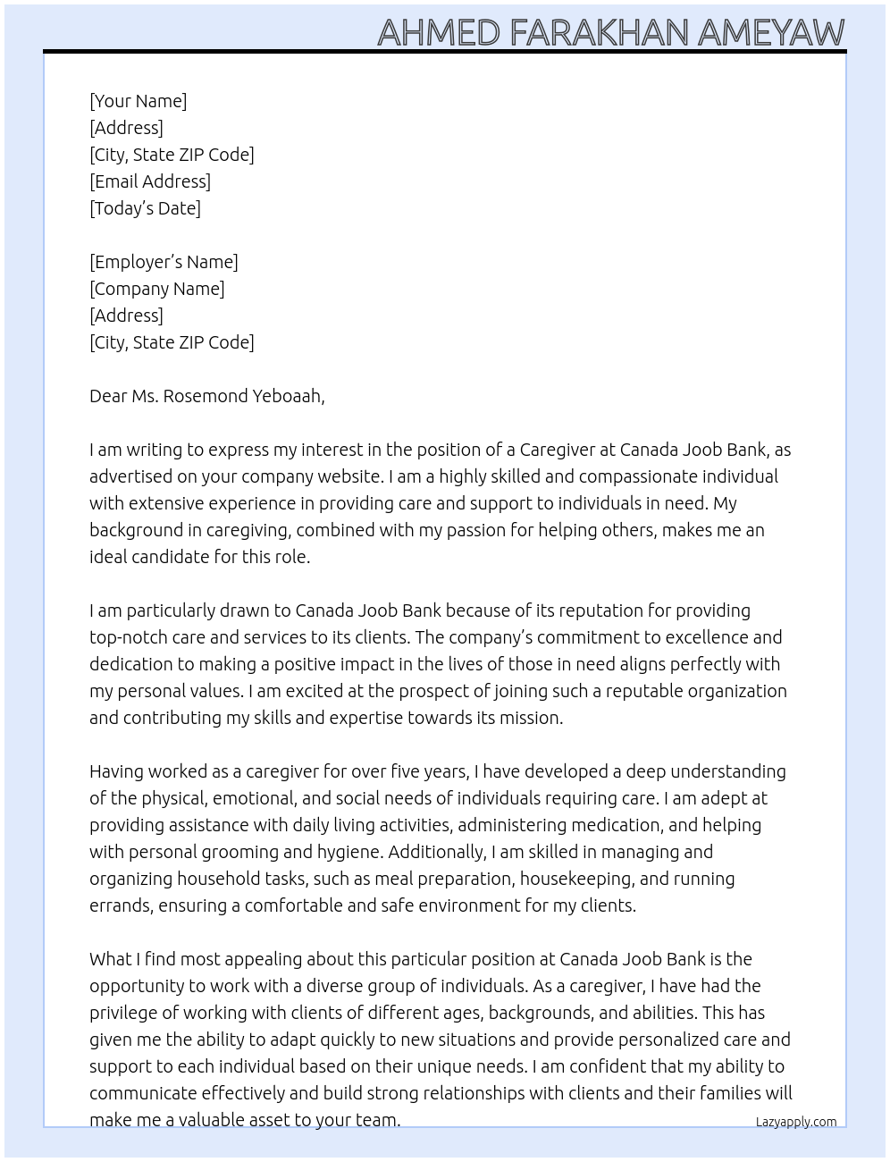 Care giver At Canada Joob Bank Cover Letter