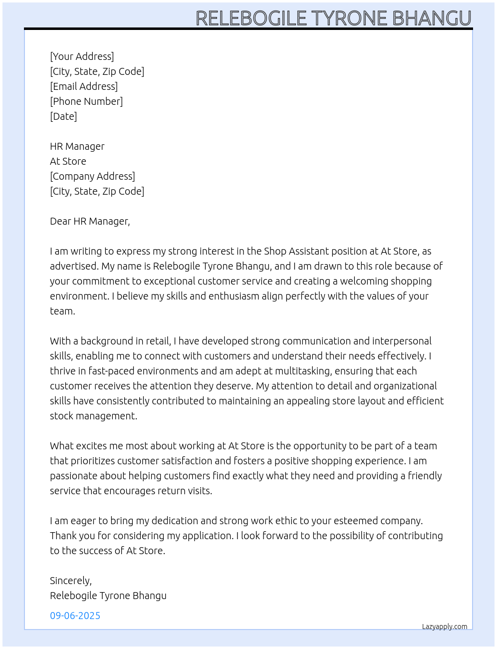 Shop assistant At At Store Cover Letter