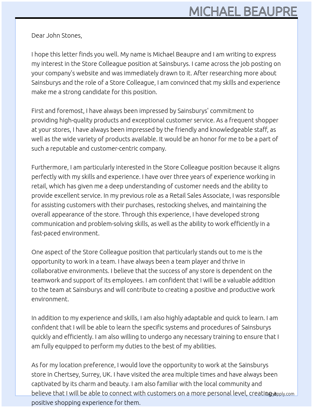 Store Colleague At Sainsburys Cover Letter